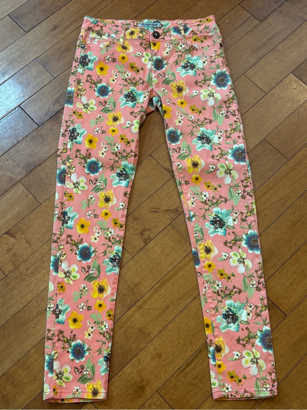 Emperial Women’s Juniors Size 11 Floral Print Pink Stretch Pants Skinny Ankle